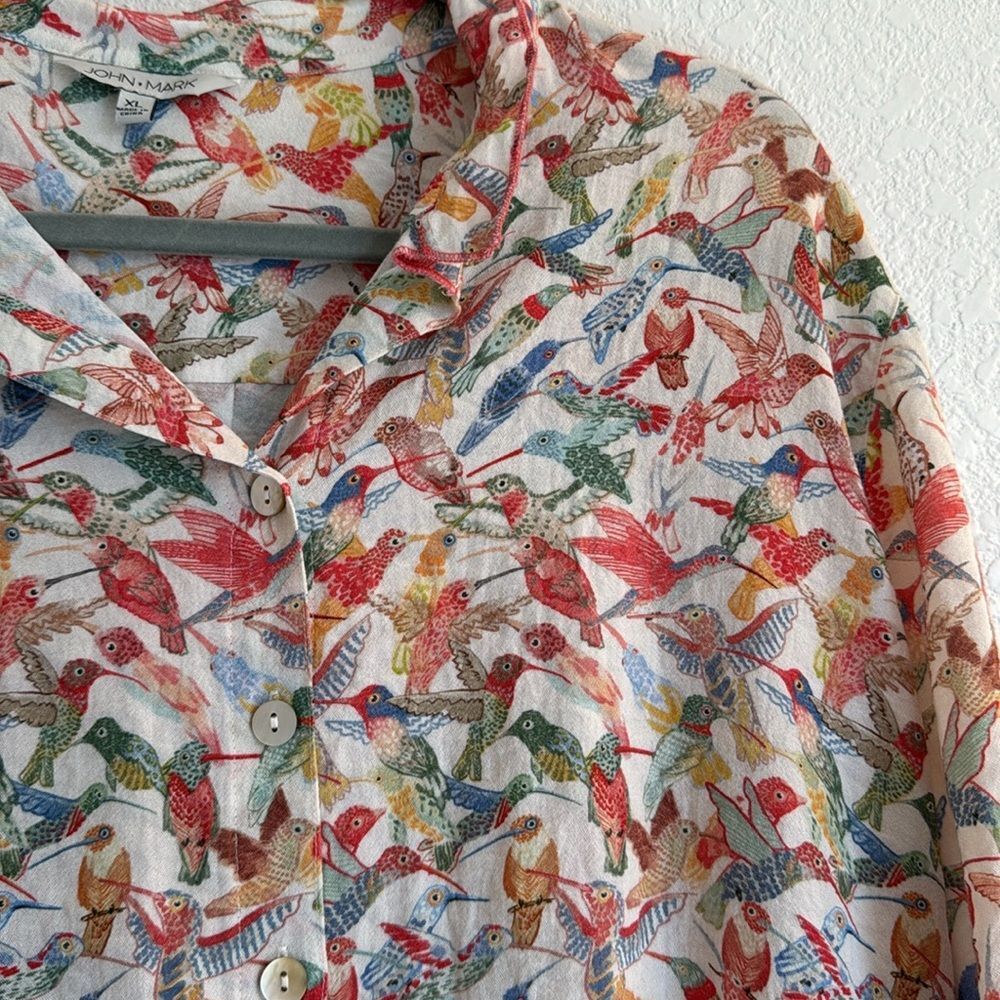 John Mark Multicolor Bird Print Button-Up Blouse - White Base - Picture 9 of 12